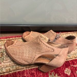 Paul Green Perforated Taupe Peep-Toe Block Heel Mules